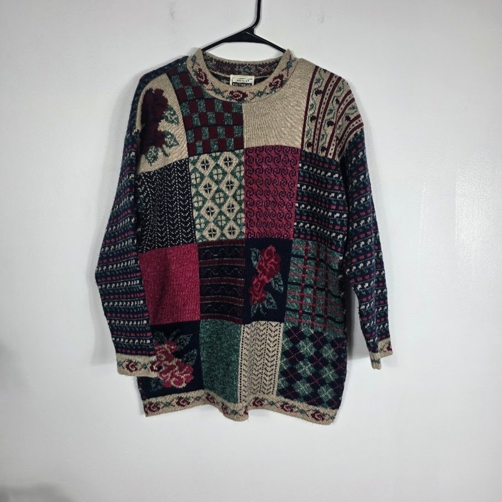 Vintage Adele Knitwear Womens Patchwork Rose Plaid Sweater‎  Multi Color Size L
